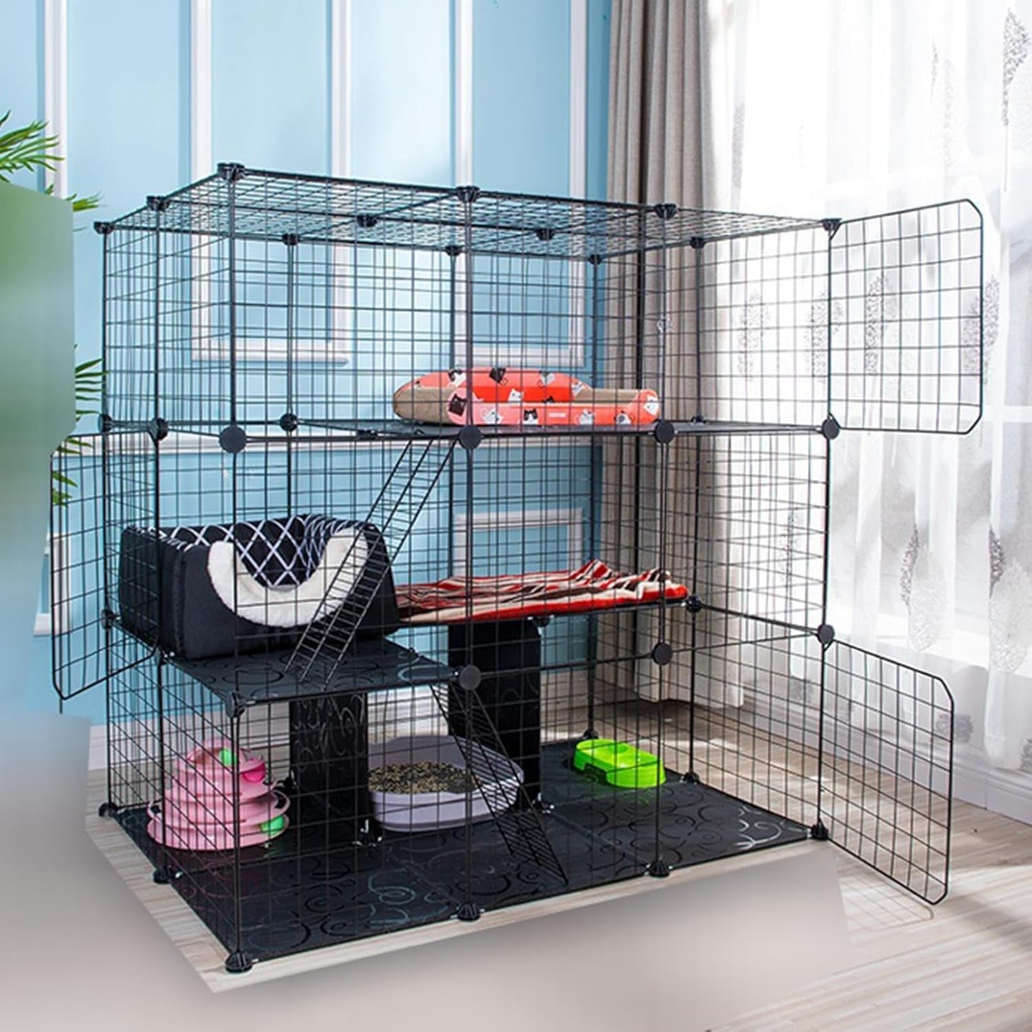 ペットサークル 猫・犬用 うさぎ 半透明パネル ABS樹脂 脱走防止 自由にレイアウト 室内 屋外 置くだけ 自立 ジョイント式 プレイサークル 柵 ペットゲージ 小型ペットフェンス 53枚-黒 セッ｜GOTO funny 店