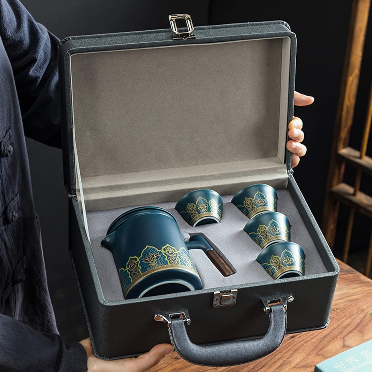 功夫茶具 茶器セット 携帯用 金メッキ 手描き 茶入れ 旅行ティーセット セラミック 耐熱 コンパクト 軽量 茶こし付 番茶器セット 急須 贈り物 ギフト 和風 紅茶 麦茶 中国茶 台湾茶 自宅用 家｜GOTO funny 店