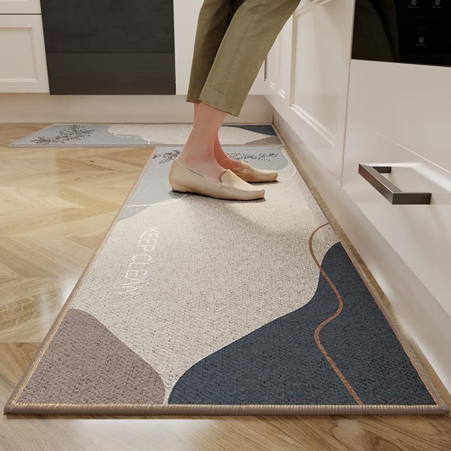 玄関マット 長方形 洗える 低反発 キッチンマット 45x180cm 速乾 吸水 ずれない 滑らない 防ダニ加工 抗菌 防音 踏み心地良い ラグ ダイニングルーム 屋内 家庭用 総柄 北欧 インテリア