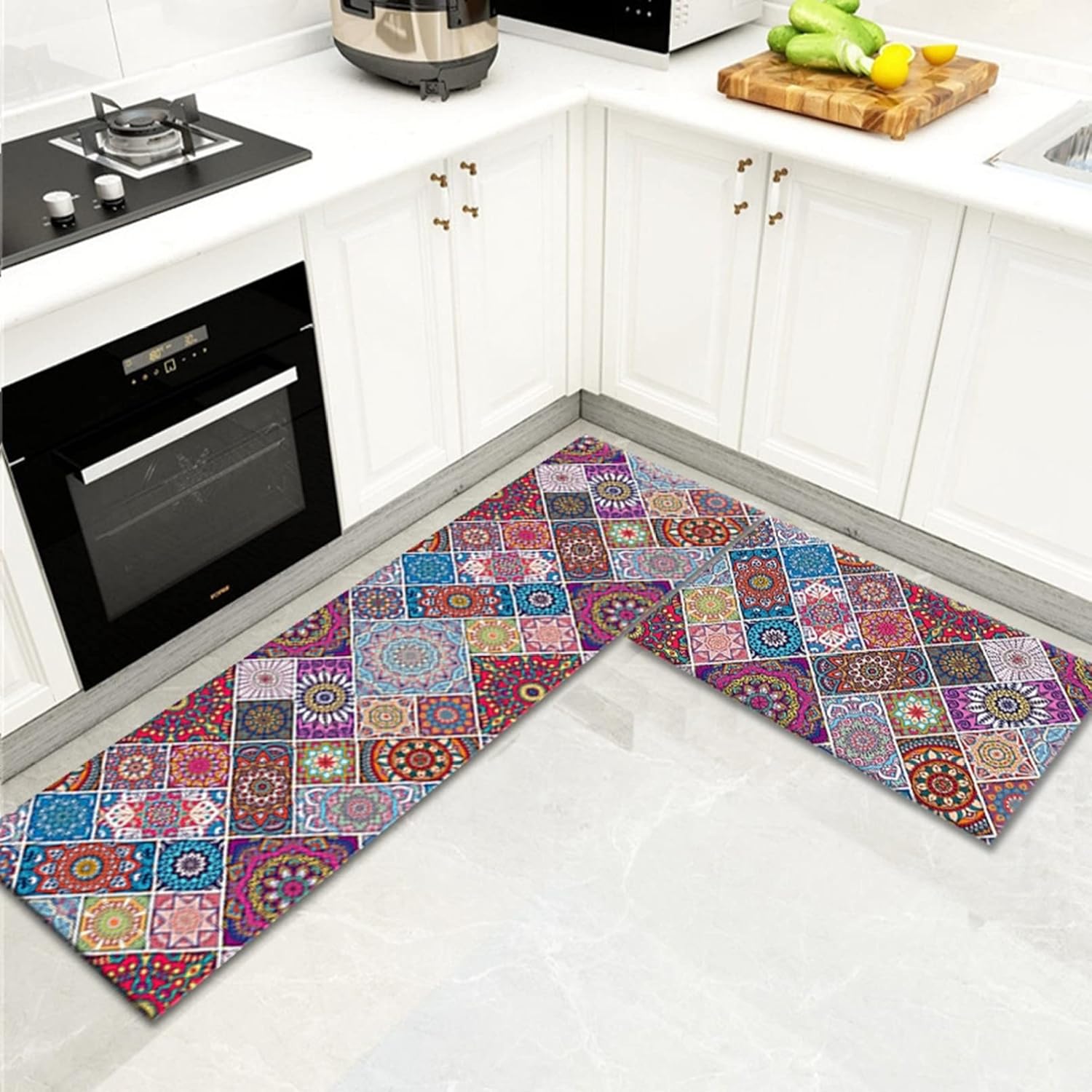 台所マット 玄関マット エスニック インテリア 長方形 40x60cm+40x120cm 2点セット 速乾 吸水 洗える 低反発 ズレない 滑り止め付き 防ダニ 防音 ダイニングルーム 屋内 家庭用