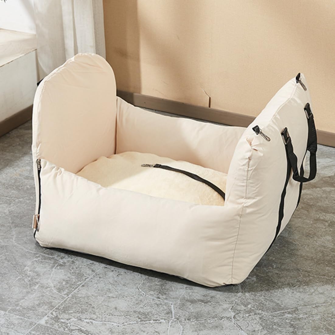ペット ドライブボックス 小型犬 中型犬 猫用 車用ペットキャリー ベージュ ペットベッド 後部座席 犬 ドライブシート ペットシートベルト付き 60*50*55 飛び出し防止 お手入れ簡単 ペット用|GOTO funny 店