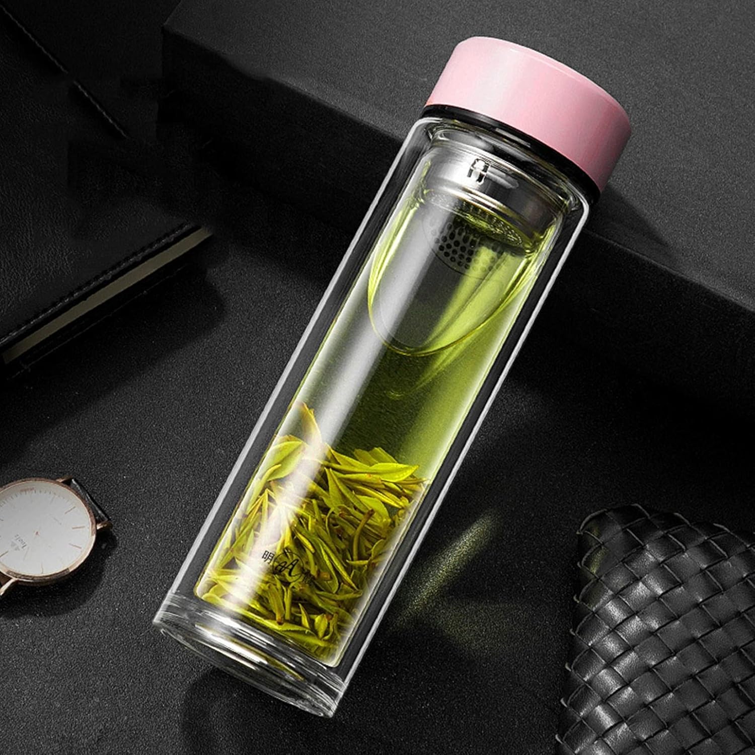 水筒 クリア ガラス ダブルウォール ウォーターボトル 断? マグボトル 直飲み ボトル 茶漉し 透明 蓋付き 漏れなし 給水 グラス 耐熱ガラス製 お茶入れ ビジネス メンズ 男女兼用 会社用 オフ