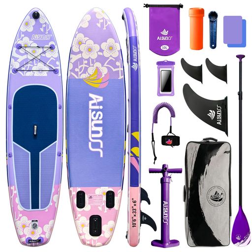 AISUNSS 320cm インフレータブル スタンドアップパドルボード 84cm幅 SUPボード プレミアムアクセサリー付き ダブルアクションポンプ 取り外し可能なフィン 初心者/大人/若者向け (薄紫)|Gourdスポーツ店