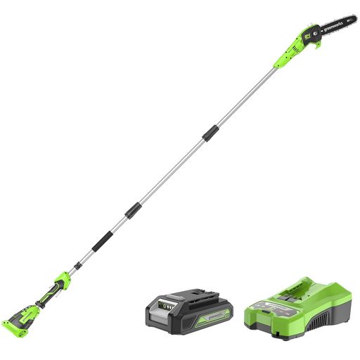 Greenworks(緑であることワークス) 申し受ける式高枝切り電動チェーンソー 緑であること ガイドバー20糎 24V 2Ah USB蓄電池・申し受ける器属する 24Vご機嫌力強さで弾丸道路とり捨てる コードレス型ポールソー 長さ2.7mまで調…