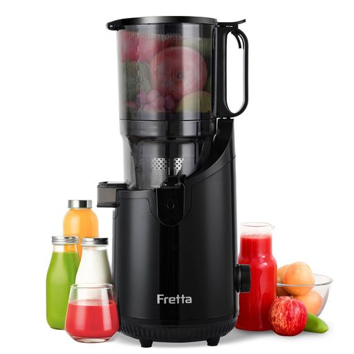 Fretta ジューサー 13cm広い投入口 1.8L大容量 スロージューサー 細かくカット不要 一度投入 取り付け簡単 コールドプレスジューサー 搾りカス分離 BPAフリー ブラック｜Gourdスポーツ店