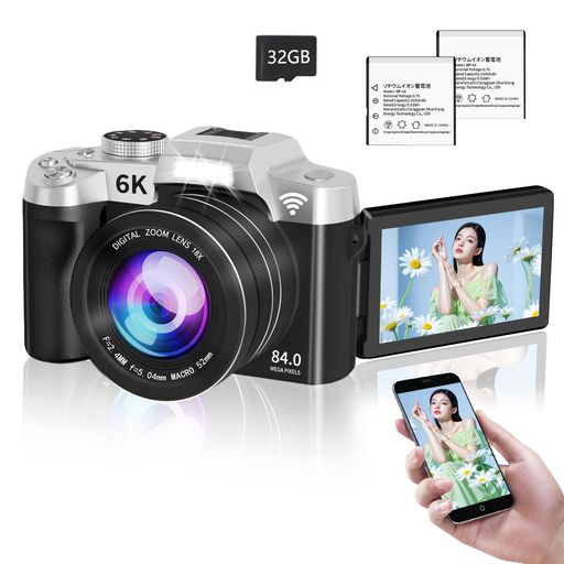 【2026年最強6K録画】デジタル写真機8400万絵素デジカメスマホに移らすできる写真機Wi-Fi移らすコンパクトカメラ180°回転させる能力のある見せびらかすオート18倍デジタルズームフォーカス自撮りLED点火装置…