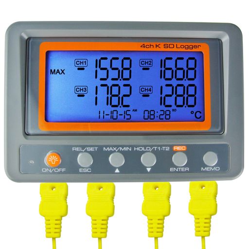 デジタル4通信路熱電対気温計気温書きとどめる資料ロガー、マルチ通信路K手合い気温計熱電対主導者、8GSD歌留多付き添い人2ビーズ手合いK熱電対プローブ