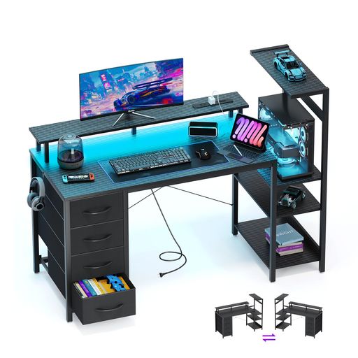 YOUDENOVA ゲーミングデスク パソコンデスク 幅130cm LEDライト付き 電源コンセント/USBポート付き モニター台一体型 収納ラック付き 左右入れ替え可能 引き出し 収納棚 PCデスク オフィスデス&hellip;｜Gourdスポーツ店