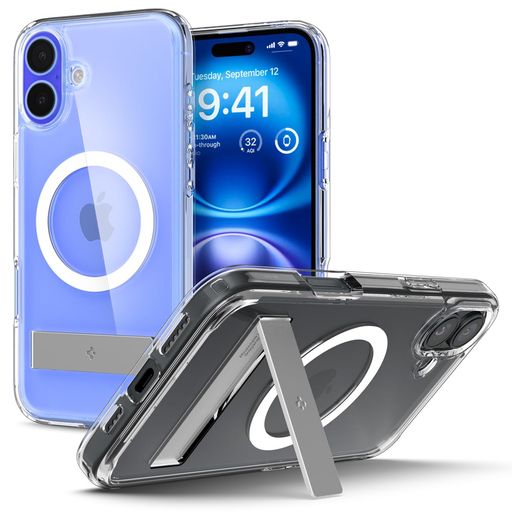 SpigeniPhone16PlusケースクリアMagSafe対応耐衝撃スタンド付き黄変防止バンパー米軍MIL規格ウルトラ・ハイブリッドS・マグフィットACS08082(クリスタル・クリア)