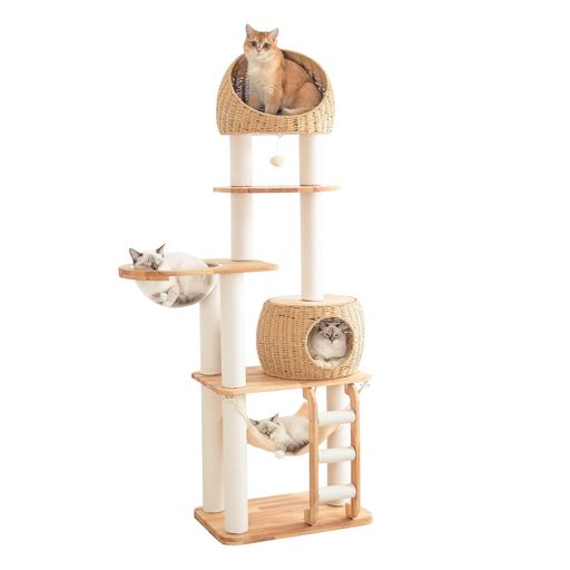 PETTIFUL キャットタワー 木製 【天然木使用】 据え置き 大型猫 おしゃれ ラバーウッド 高さ176cm 大型 手編みカゴ インテリア性 高め 多頭飼い スリム 夏冬兼用 省スペース 面取り ラタン風 …|Gourdスポーツ店
