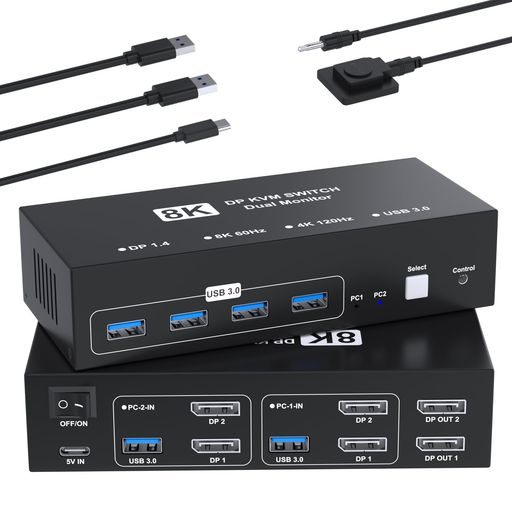 8K@60HzDisplayPortKVMスイッチ2入力2出力KVM切替器パソコン2台モニター2台切り替え4つのUSB3.0ポートキーボード/マウス/プリンター/他のデバイス対応パソコン切替機PC切替機USB切替器
