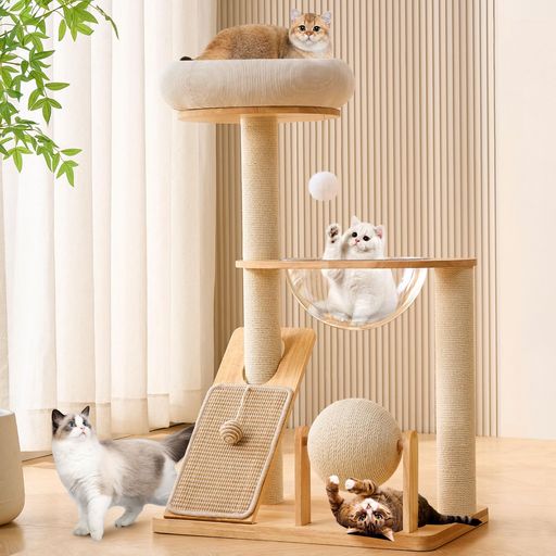 HITTITE無垢材キャットツリータワースクラッチポスト付き高さ37.8インチのキャットタワースクラッチボードとスクラッチャーボール付きモダンなキャットタワースペースカプセルと取り外…