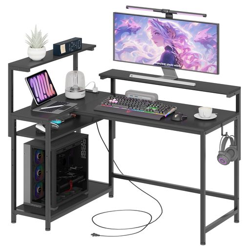 【モニター台2個付き・棚板高さ調節可能】LunarLightPCパソコンデスク幅130x奥行き80x高さ72cmテレワークL型デスク・左右組み換え自由モニター台の高さ7段階(12~36cm対応)収納ラックの棚板が高…