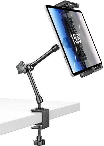 【15.6inchの対応・軽量収納便利】EXSHOW卓上用タブレットスタンドiPadアームアルミ製寝ながら二段アーム縦横両対応ベット・デスク両用広い可動域360度回転折りたたみ省ベース6-15.6インチ対応