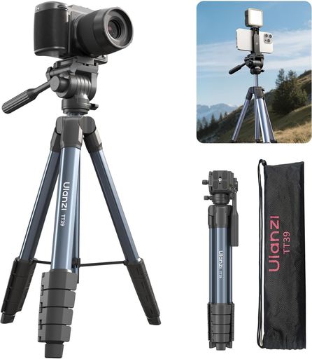 UlanziTT39三脚トラベル三脚スマホクリップ付きすマホ・DSLRカメラ両用155cm5段階伸縮フルードヘッド付き360度パノラマ撮影アルミ製安定三脚スタンドiPhoneAndroid/カメラなどに対応耐荷重3KG