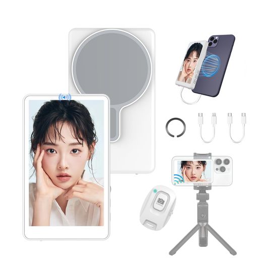 iPhone用自撮りモニタースピーカー付き磁気式スマホモニターBluetoothリモコン付きワイヤレス・有線軽量スマホ背面カメラモニター自撮り/Vlog/ライブ配信/TikTokSNS撮影に最適(ホワイト)
