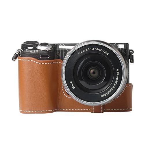 NEX-5/5R専用レトロな本革(牛革)手作りのハーフケースカメラ保護カバー適用SonyAlphaNEX-5/5Rコンパクト設計三脚取り付け可能キズ摩耗防止(Brown)