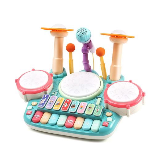 CuteStone楽器おもちゃ3in1遊び方ドラムセットピアノ子供おもちゃマイク付き4種類ピアノモードドラムモード鍵盤楽器ライト効果多機能知育玩具誕生日プレゼント