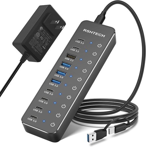 USBこしきワット数付き添い人10界面取りひろげるUSB-Cx6・USB-Ax4弾丸道路資料遷らすセルフ力強さ/二階建てバス力強さUSBHub12V/5A60WACアダプター一本立ち個別取り替えっこ軽銀アロイ製Type-C取り替えっこアダプター付き添い人(ST10C-6)