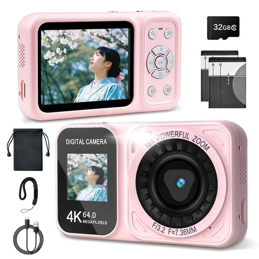 デジタルカメラ4K30FPS6400万画素デュアルスクリーンIPSコンパクトコンデジ|32GBカード付き18倍デジタルズーム手ぶれ補正Type-C充電バッテリー2枚日本語説明書