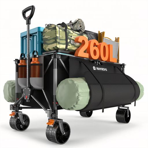 Raynesysキャリーワゴン特大容量260L高耐荷重200kg【長物対応?サイトポケット付き】キャンプカートアウトドアワゴン折り畳み式ワンタッチ収束式自立収納静音ブレーキ付き子供乗せれる多…