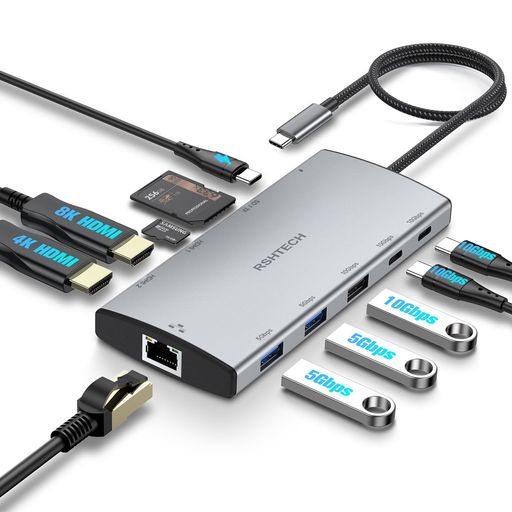 RSHTECH11-インチ-1USB-CハブドッキングステーションHDMI2つ4K@60サイクルむき出し最終生産物8K@30サイクル2画面最終生産物MST役立つこと100WPD手っとり早い申し受けるUSBA\u0026C3.210Gbps資料遷らす1Gbpsイーサネット