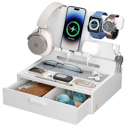 Pezin&Hulinデスクオーガナイザースマホスタンド竹製デスク周りの多機能収納ボックス引き出し付着便利ガジェットタブレット置きメガネ置き財布、キー、メガネ、腕時計、イヤホンなど収…