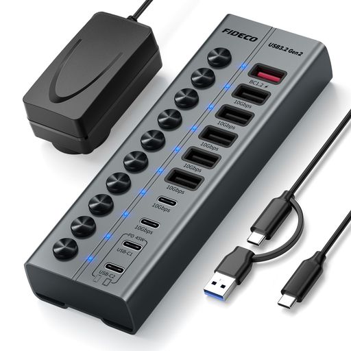 FIDECO 10ポート 72W 電源付きUSBハブ BC1.2ポートx1、PD 45W充電ポートx2、USB 3.2ポートx7(USB-Ax5 + USB-Cx2)搭載 アルミ製 10Gbps|Gourdスポーツ店