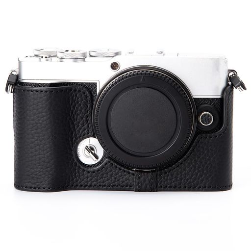 OlympusE-P7専用レトロな本革手作りのハーフケースカメラ保護カバーコンパクト設計三脚取り付け可能キズ・摩耗防止(黒色-黒線)