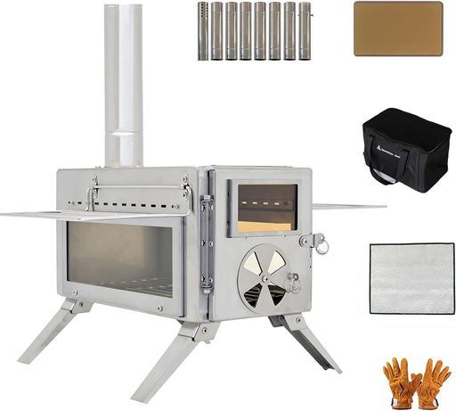 蒲公英の殻ポータブルキャンプ薪ストーブビューガラスと煮焼き役立つこと付き添い人8つのステンレス鋼スチール写真煙り出しシェルターハンティングアウトドアクッキング暖房装置用(304ステンレス鋼スチール写真) スポーツ・アウトドア-アウトドア-その他