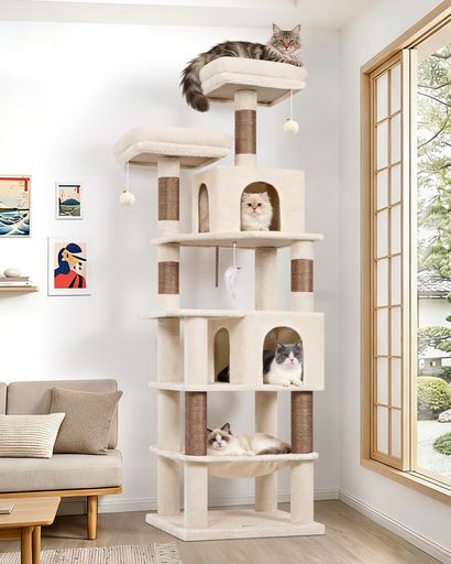 Globlazerキャットタワーベージュ大型猫用据え置き多頭飼い多機能コンパクト登りやすい猫タワー2つ広々としたの猫ハウス柔らかくて大きなハンモック2つ取り外し可能なクッション付きの…