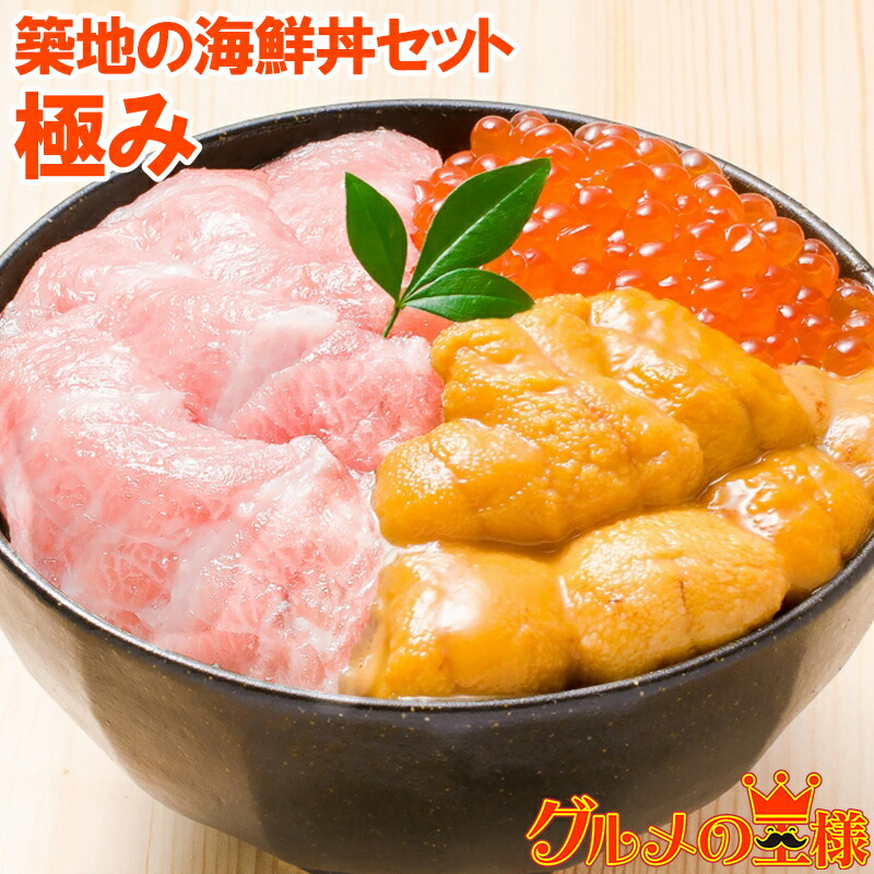 送料無料 築地の海鮮丼セット 【SALE／101%OFF】 極み 約2杯分 本マグロ大トロ特盛り200g 無添加生うに 北海道産イクラ 通が唸る本マグロを極める ギフトにも最適な大人気3商品 詰め合わせ smtb-T あす楽 ギフト rn 海鮮福袋 寿司 人気定番 本鮪 刺身