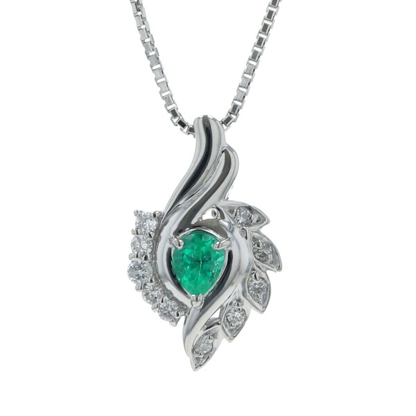 Pt900 Pt850 ネックレス エメラルド 0.21ct ダイヤモンド 0.13ct ペアシェイプ リーフ 葉 ボタニカル 40cm【新品仕上済】【zz】【中古】【送料無料】|銀座東洋ジュエリー