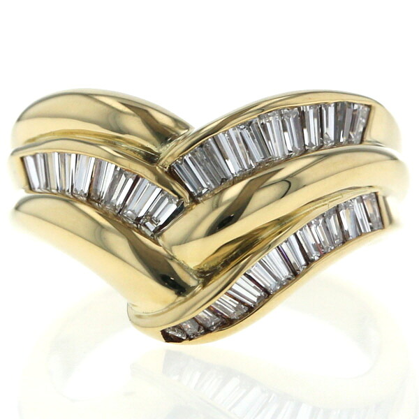 K18YG イエローゴールド リング ダイヤモンド 0.72ct バゲットカット V字 指輪 9.5号【新品仕上済】【zz】【中古】【送料無料】