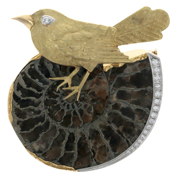 田宮千穂 K22YG K18 Pt900 ブローチ ダイヤモンド 0.24ct アンモナイト 鳥 アニマル モチーフ つや消し【新品仕上済】【zz】【中古】【送料無料】｜銀座東洋ジュエリー