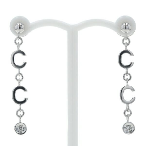 CELENE セリーヌ K18WG ホワイトゴールド ピアス ダイヤモンド 0.02ct/0.02ct 一粒 ロゴ チェーン【新品仕上済】【zz】【中古】【送料無料】