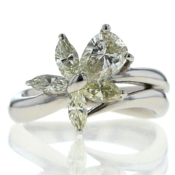Pt900 プラチナ リング イエローダイヤモンド 0.516ct ダイヤモンド 0.47ct フラワー 花 ウェーブ 指輪 4号【新品仕上済】【zz】【中古】【送料無料】