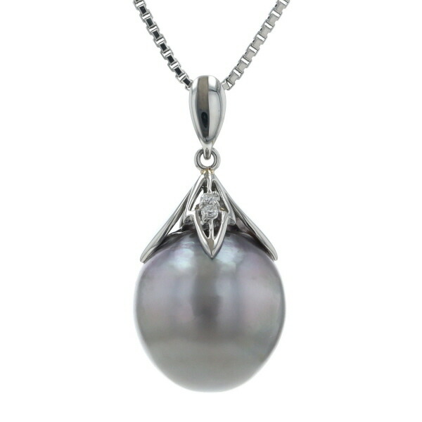 Pt900 Pt850 プラチナ ネックレス パール 黒蝶真珠 13.3mm ダイヤモンド 0.02ct ブラックパール 果実 45cm【新品仕上済】【zz】【中古】【送料無料】