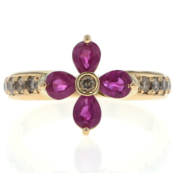 K18YG イエローゴールド リング ルビー 1.20ct ダイヤモンド 0.40ct 花 フラワー ライン 指輪 13.5号【新品仕上済】【zz】【中古】【送料無料】