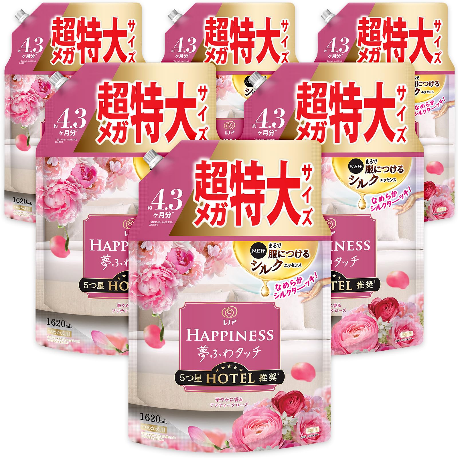 [ケース販売] [大容量] レノア ハピネス 夢ふわタッチ 柔軟剤 アンティークローズ 詰め替え 1620mL×6袋 送料無料