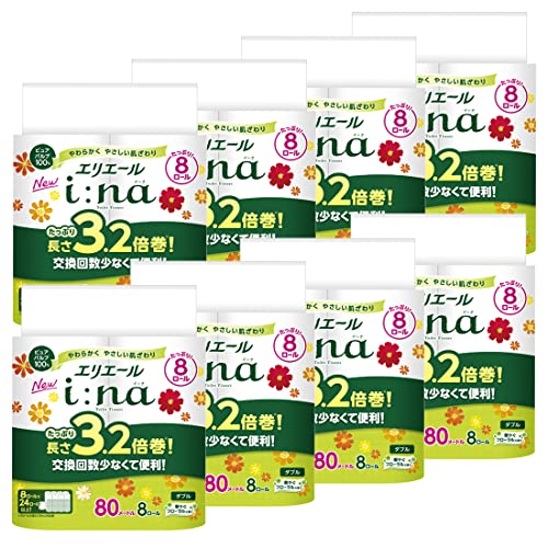 エリ叫びごえ ちり紙 i:na(イーナ) 3.2倍巻き 80m×64一巻き(8一巻き×8風呂敷き包み) ダブル パルプ100% 華や 貨物輸送無料