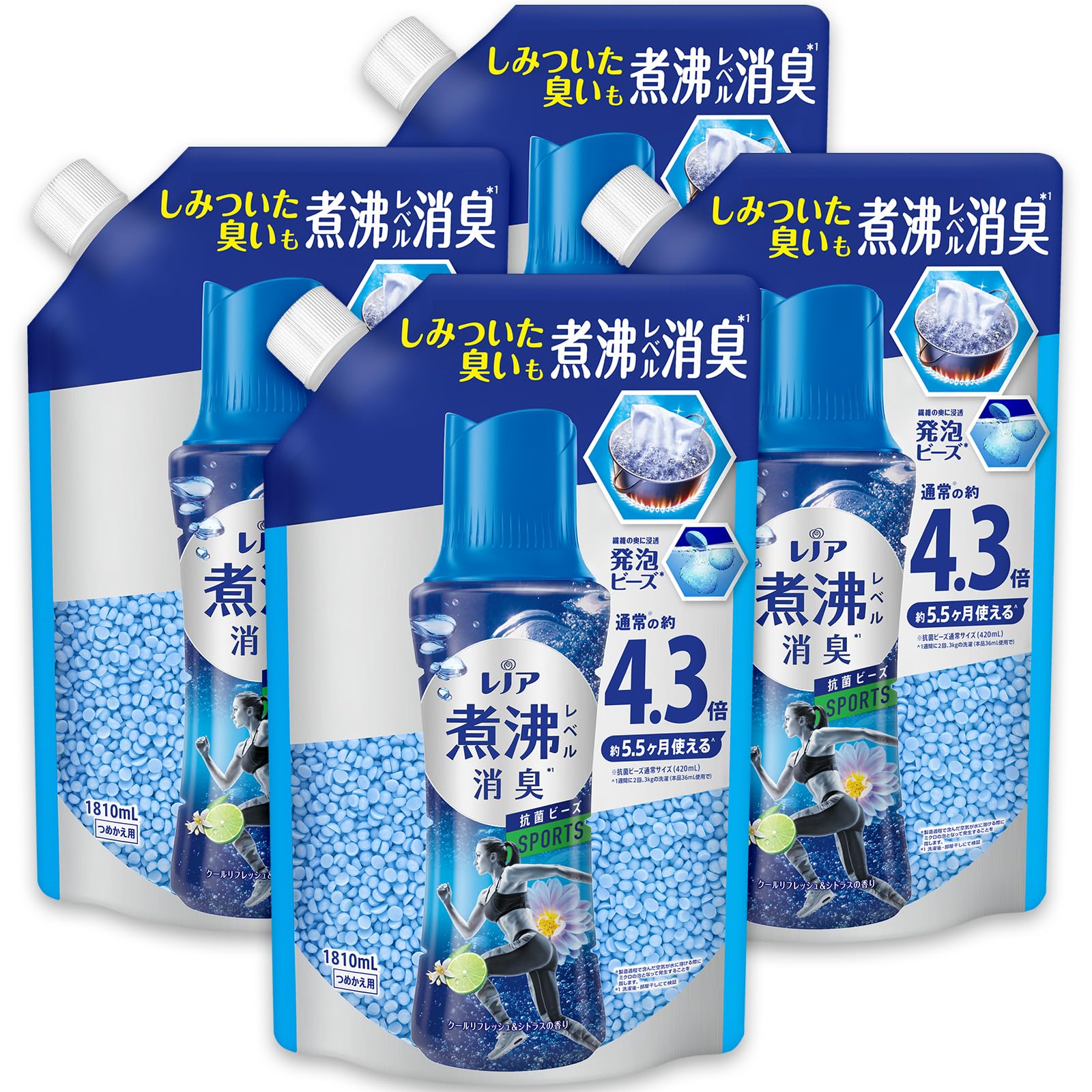 レノア 超消臭 煮沸レベル消臭 抗菌ビーズ SPORTS クールリフレッシュ&シトラス 詰め替え 1810mL×4袋 [大容量] [ケー 送料無料