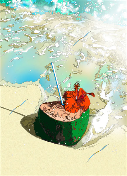 鈴木英人「ハイビスカスとココナッツ」-HIBISCUS & COCONUT- 2006年 EMグラフ 額付版画作品 国内 送料無料|アート&アロマ 【グレイス】