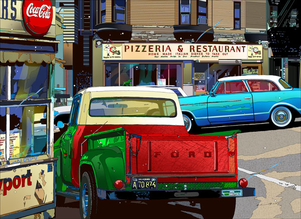 ◆ 鈴木英人「フォード ダウンタウン」-FORD DOWNTOWN- 2013年 EMグラフ 額付版画作品国内 送料無料｜アート＆アロマ 【グレイス】