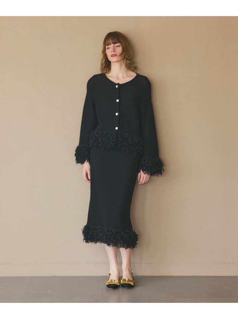 【SALE／10%OFF】ラメフェザーフリンジカーディガン GRACE CONTINENTAL グレースコンチネンタル トップス ジレー 黒いこと ベージュ【RBA_E】【貨物輸送無料】[ Fashion]