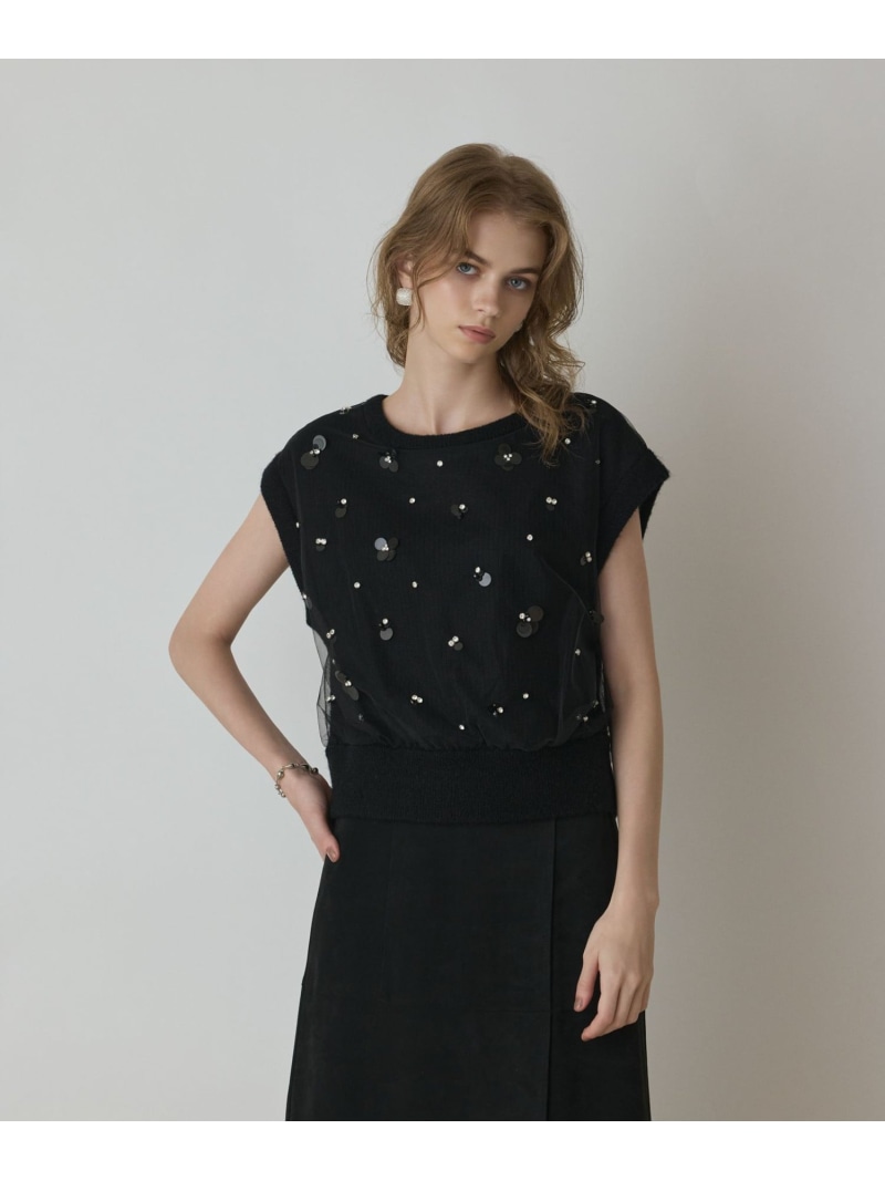 チュール刺繍ニットトップ GRACE CONTINENTAL グレースコンチネンタル トップス ノースリーブ・タンクトップ ホワイト ブラック【送料無料】[ Fashion]