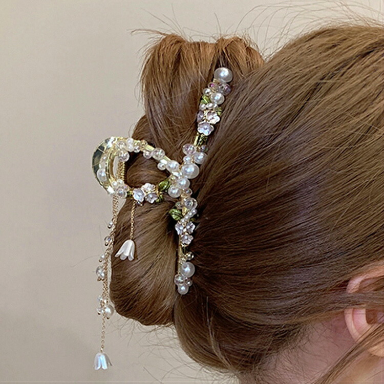 ヘアクリップ バナナクリップ ヘアアクセサリー ヘアアレンジ 髪留め 小花 パール ビジュー 華やか ゴージャス ホワイト ゴールド 母親 ママ  モダン 清楚 可愛い ファッション 魅力的 リラックス ベーシック fba38 完全送料無料