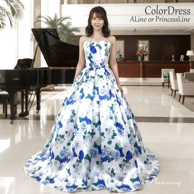 花柄カラードレス ロングドレス 演奏会用ドレス (7号-9号-11号-13号/Sサイズ Mサイズ Lサイズ XLサイズ/ブルー/花柄)舞台衣装 ステージ衣装 ウェディングドレス プリンセスライン 結婚式 二次会 花嫁衣裳 花柄プリント生地（cd92102-t）
