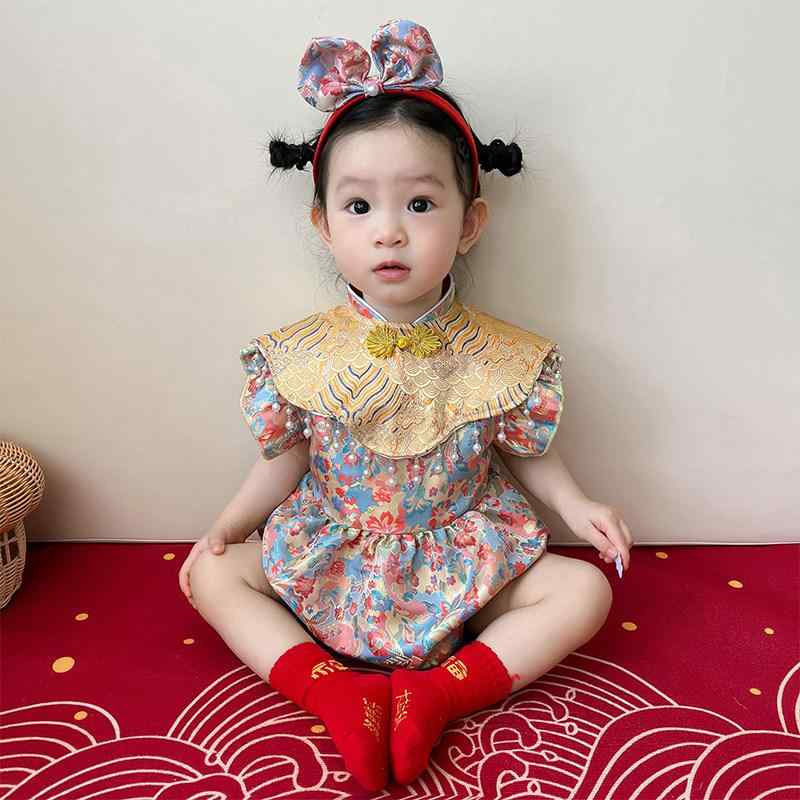 女の子 ベビー 夏用 中国風 唐装 礼服 抓周 満月 百日宴 かわいい デザイン 軽量 素材 ピンク系 カラー 普段使い 対応