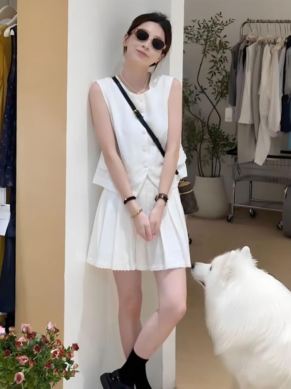 レディース 韓国 無袖 ブラウス プリーツ ミディスカート 2点セット 夏用 ゆったり シルエット スリム効果 カジュアル スタイル 通勤 普段使い 軽量 素材
